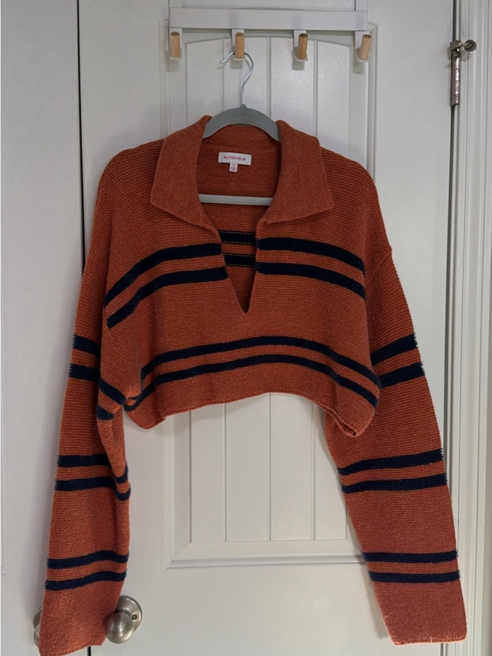 Rust Stripe Cropped Knit Polo Sweater